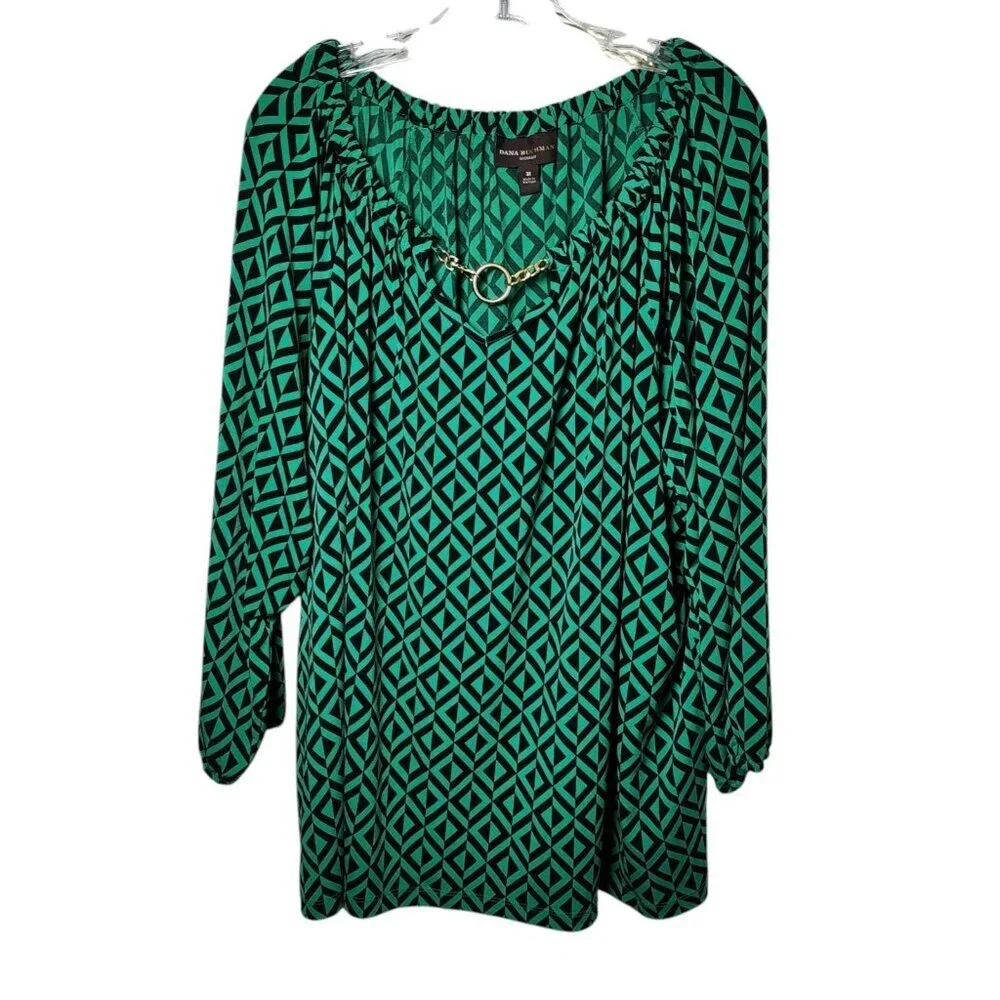 Dana Buchman‎ Woman 3X Geometric Chain Accent Blouse Green Black Long Sleeve Top - Picture 1 of 6